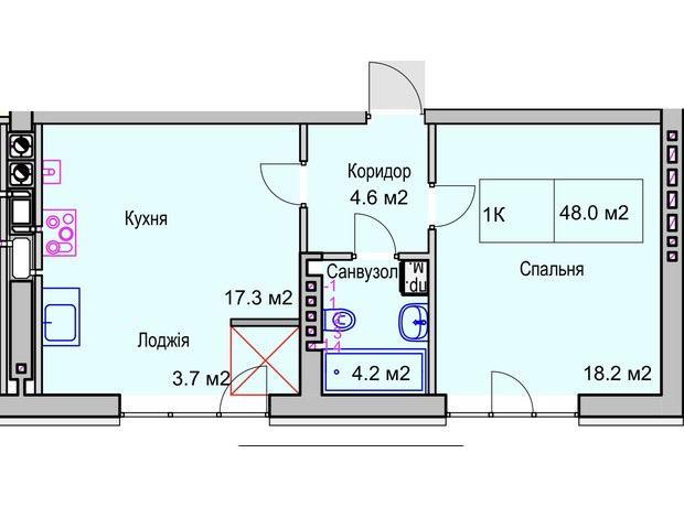 ЖК Panorama de Luxe: планування 1-кімнатної квартири 48 м²