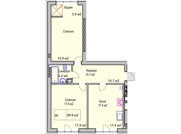 ЖК Panorama de Luxe: планировка 2-комнатной квартиры 69.9 м²