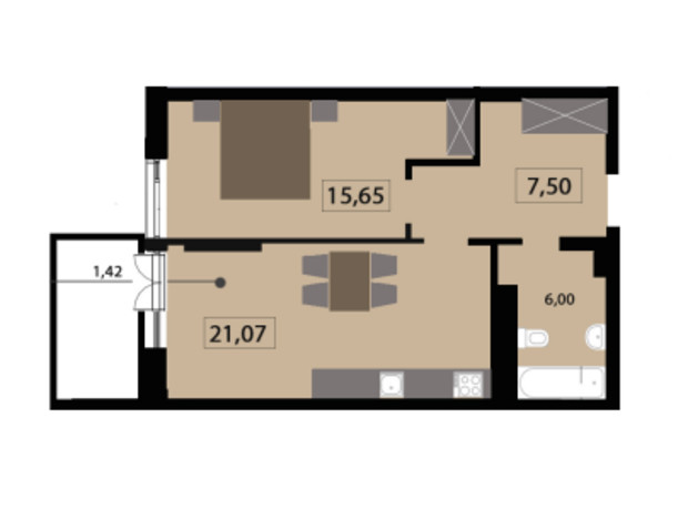 ЖК Five Address: планировка 1-комнатной квартиры 51.64 м²