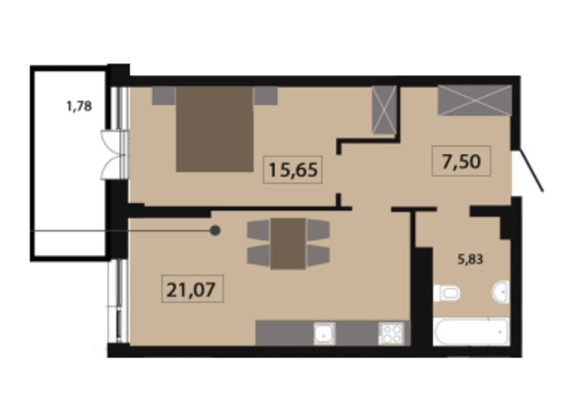 ЖК Five Address: планування 1-кімнатної квартири 51.78 м²