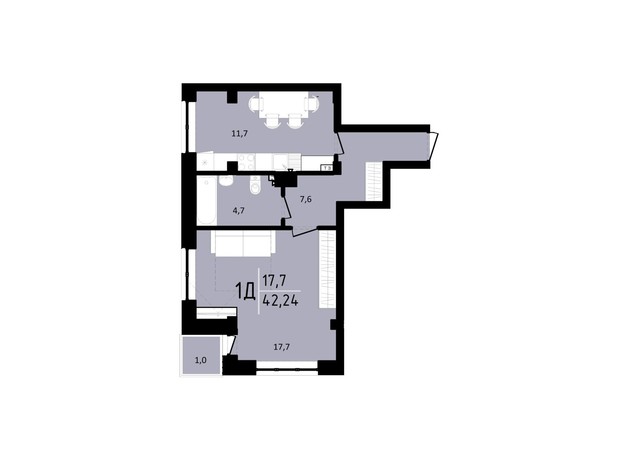ЖК Тріумф  II: планування 1-кімнатної квартири 42.24 м²