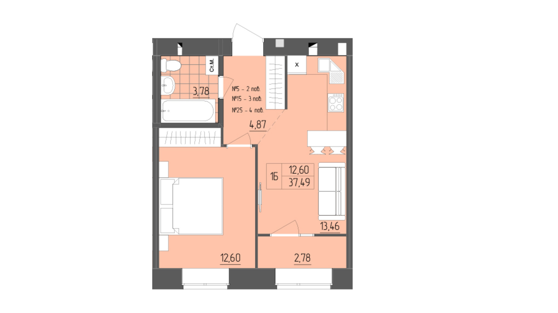 Планування 1-кімнатної квартири в ЖК ZigZag 36.77 м², фото 568770