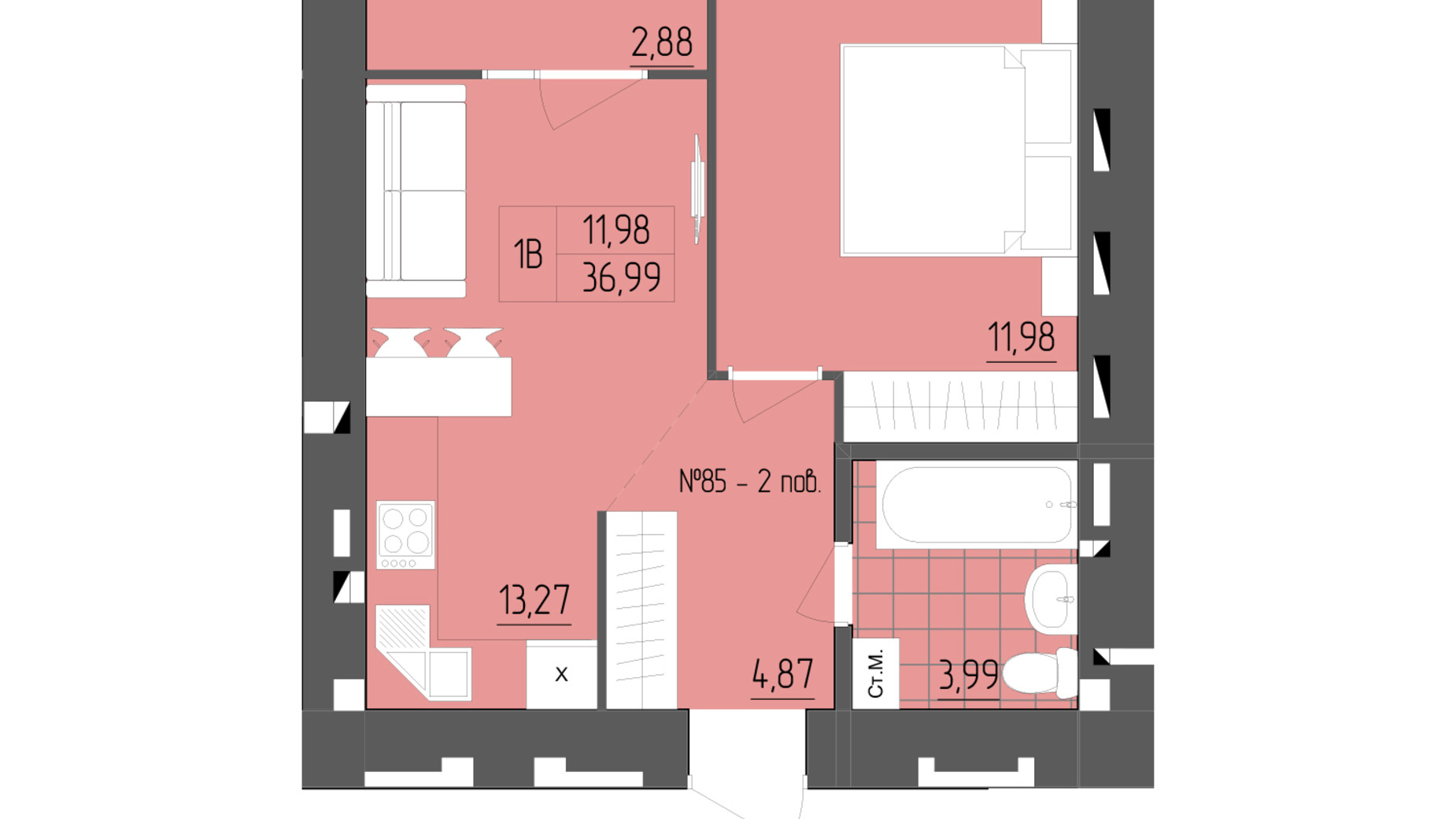 Планування 1-кімнатної квартири в ЖК ZigZag 39.8 м², фото 568783