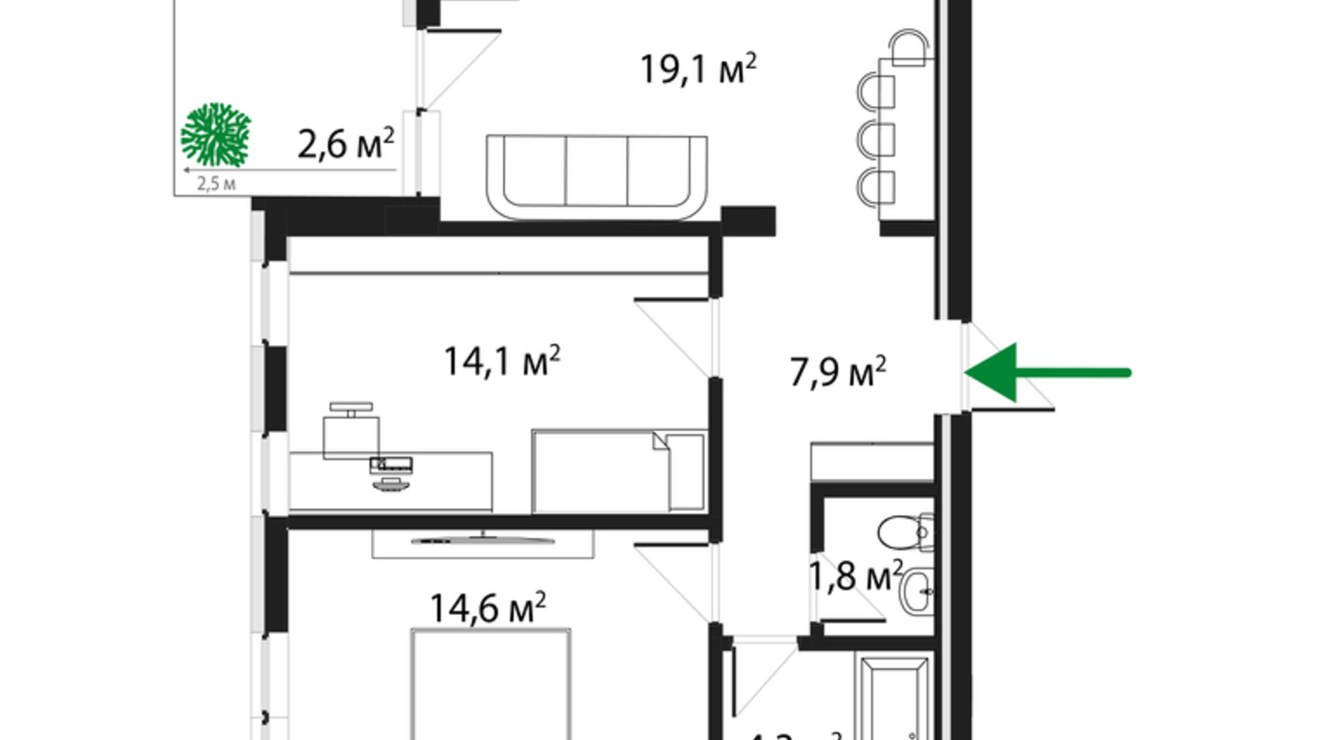 Планування 2-кімнатної квартири в ЖК Grand Hills 65 м², фото 568844