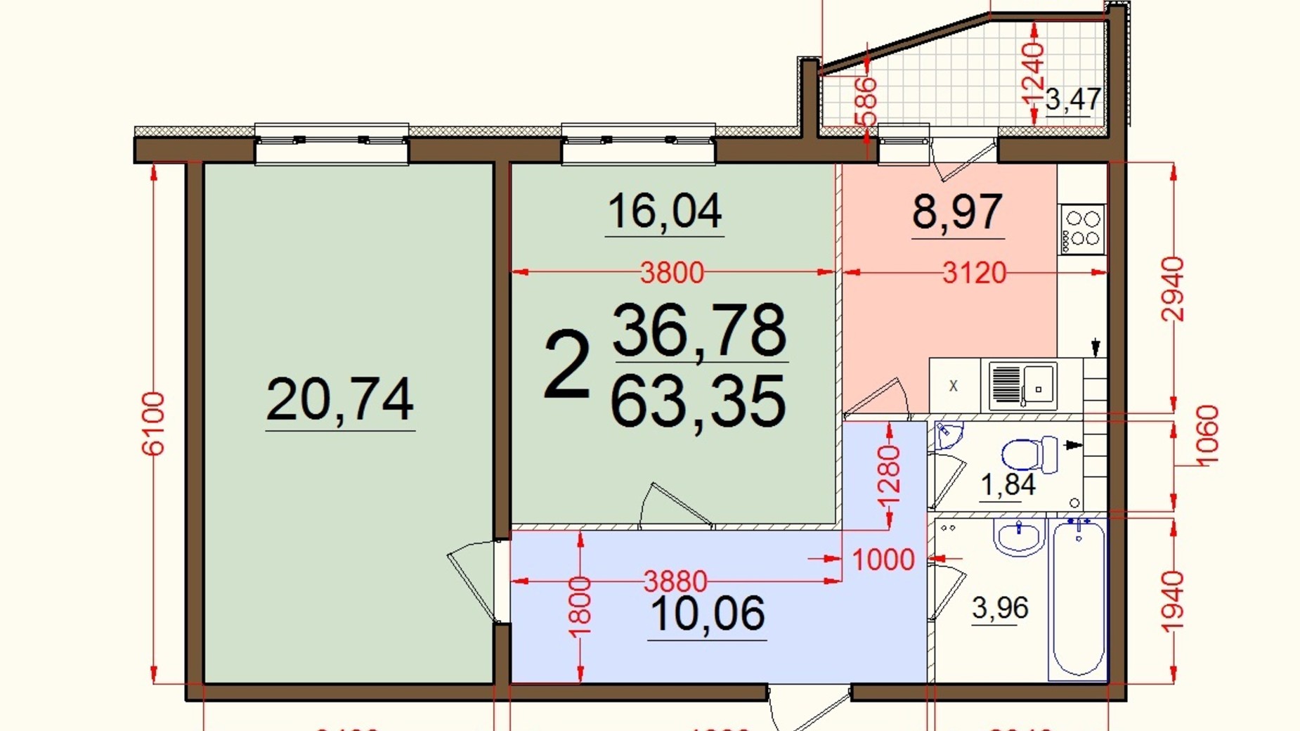 Планировка 2-комнатной квартиры в ЖК Северный 63 м², фото 56894