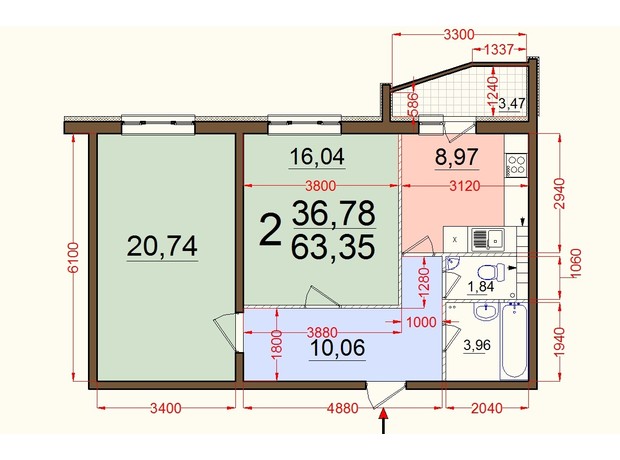 ЖК Северный: планировка 2-комнатной квартиры 63 м²