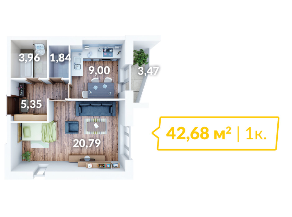 Планування 1-кімнатної квартири в ЖК Северний 43 м², фото 56895 Планування 1-кімнатної квартири в ЖК Северний 43 м², фото 56895