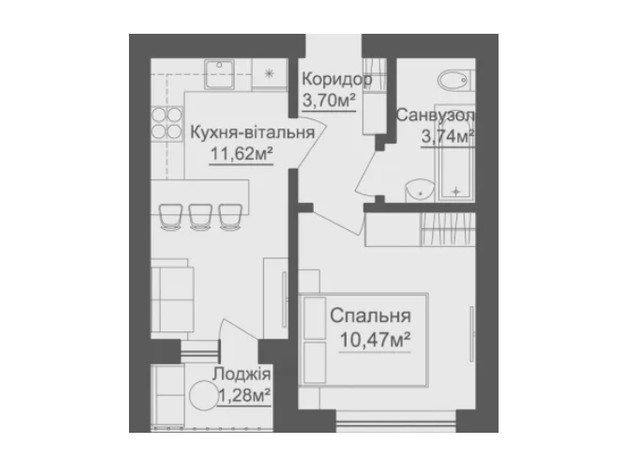 ЖК Brickwood 2: планування 1-кімнатної квартири 37.43 м²