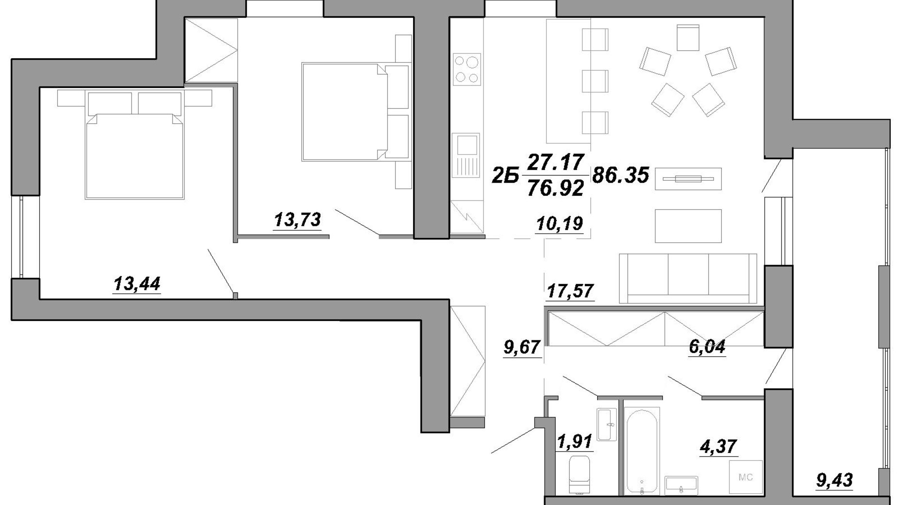 Планировка 2-комнатной квартиры в ЖК Рідний дім 86.8 м², фото 569368