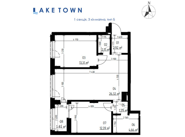 ЖК Laketown: планування 3-кімнатної квартири 65.11 м²