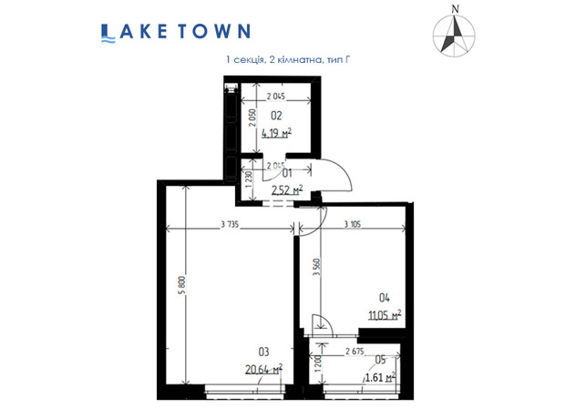 ЖК Laketown: планировка 1-комнатной квартиры 40.01 м²
