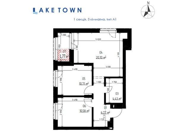 ЖК Laketown: планування 3-кімнатної квартири 54.4 м²