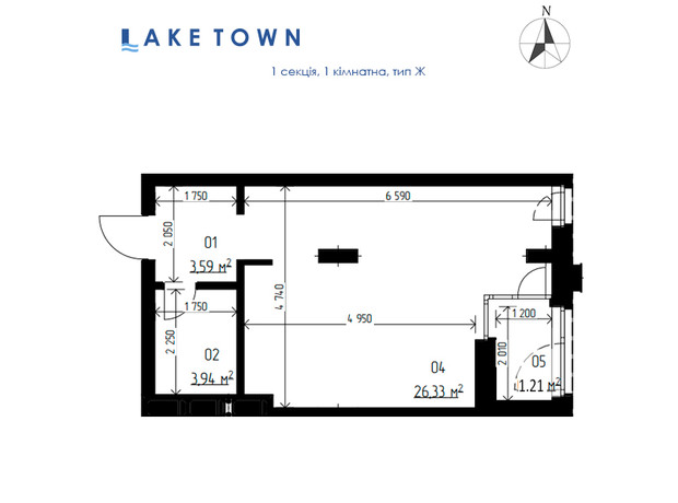 ЖК Laketown: планировка 1-комнатной квартиры 35.07 м²