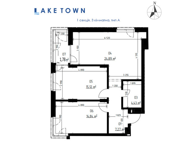 ЖК Laketown: планування 3-кімнатної квартири 68.34 м²