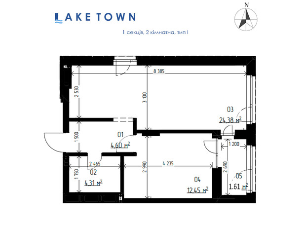 ЖК Laketown: планировка 2-комнатной квартиры 47.33 м²