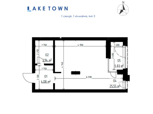 ЖК Laketown: планування 1-кімнатної квартири 35.18 м²