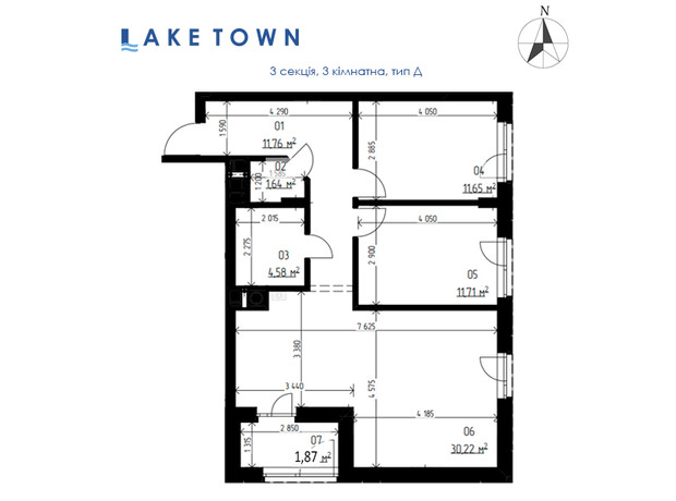 ЖК Laketown: планування 2-кімнатної квартири 73.44 м²