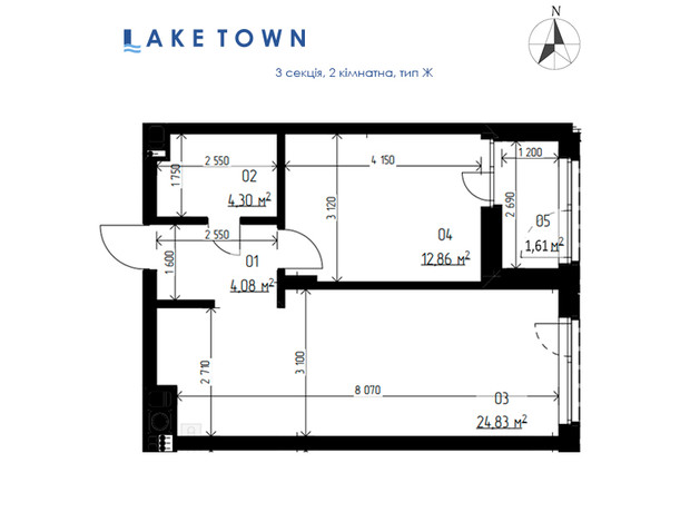 ЖК Laketown: планировка 1-комнатной квартиры 47.69 м²