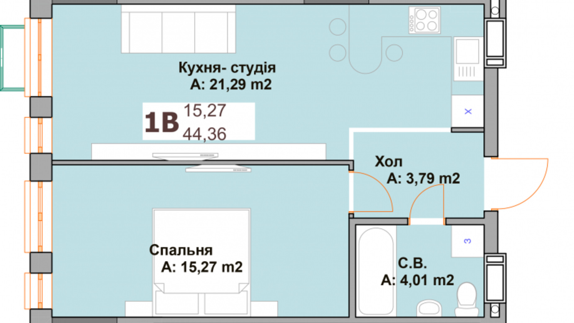 Планировка 1-комнатной квартиры в ЖК Vyshgorod Sky 44.36 м², фото 569674