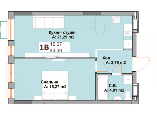 ЖК Vyshgorod Sky: планування 1-кімнатної квартири 44.36 м²