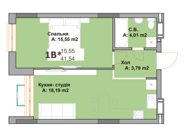 ЖК Vyshgorod Sky: планировка 1-комнатной квартиры 41.54 м²