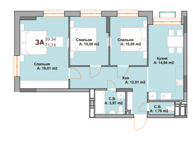 ЖК Vyshgorod Sky: планування 3-кімнатної квартири 71.74 м²