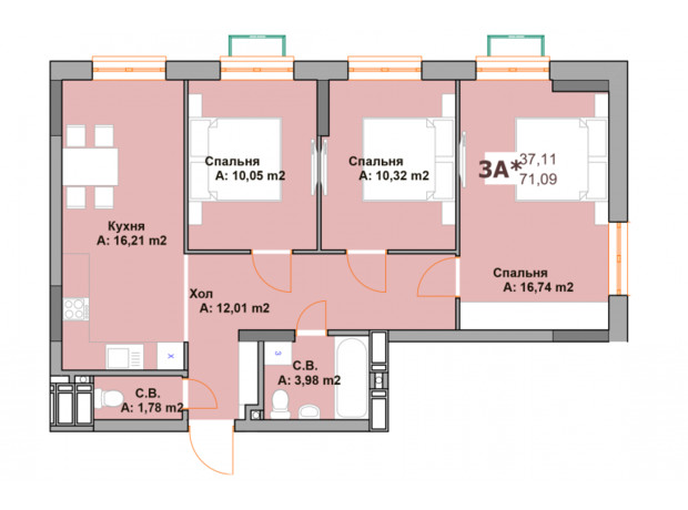 ЖК Vyshgorod Sky: планування 3-кімнатної квартири 71.09 м²