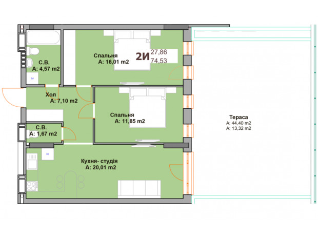 ЖК Vyshgorod Sky: планировка 2-комнатной квартиры 74.53 м²