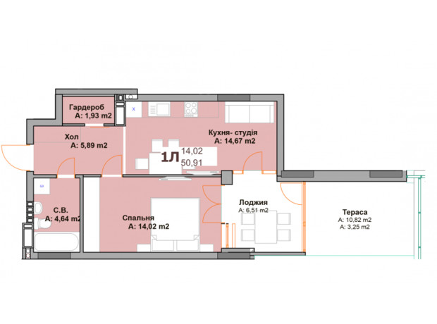 ЖК Vyshgorod Sky: планировка 1-комнатной квартиры 50.91 м²