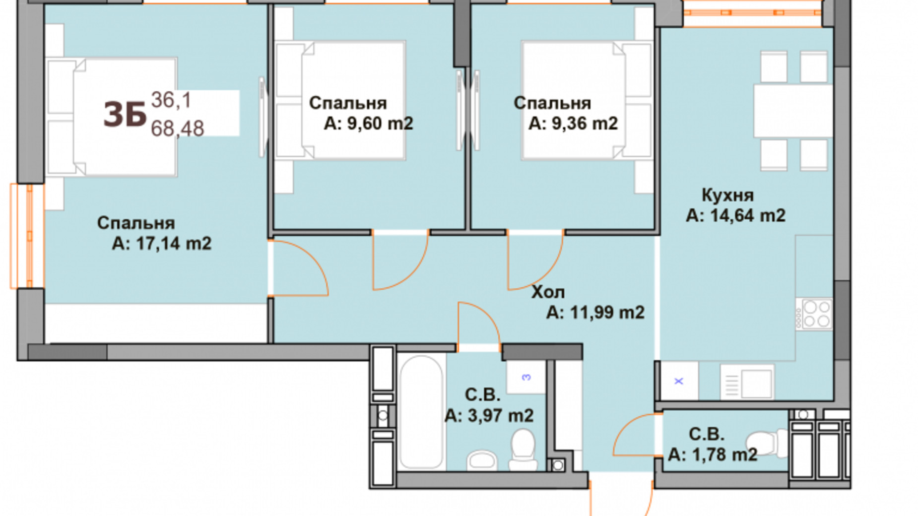 Планировка 3-комнатной квартиры в ЖК Vyshgorod Sky 68.48 м², фото 569682