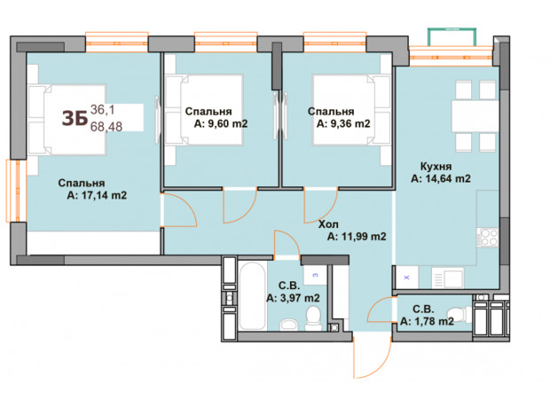 ЖК Vyshgorod Sky: планировка 3-комнатной квартиры 68.48 м²