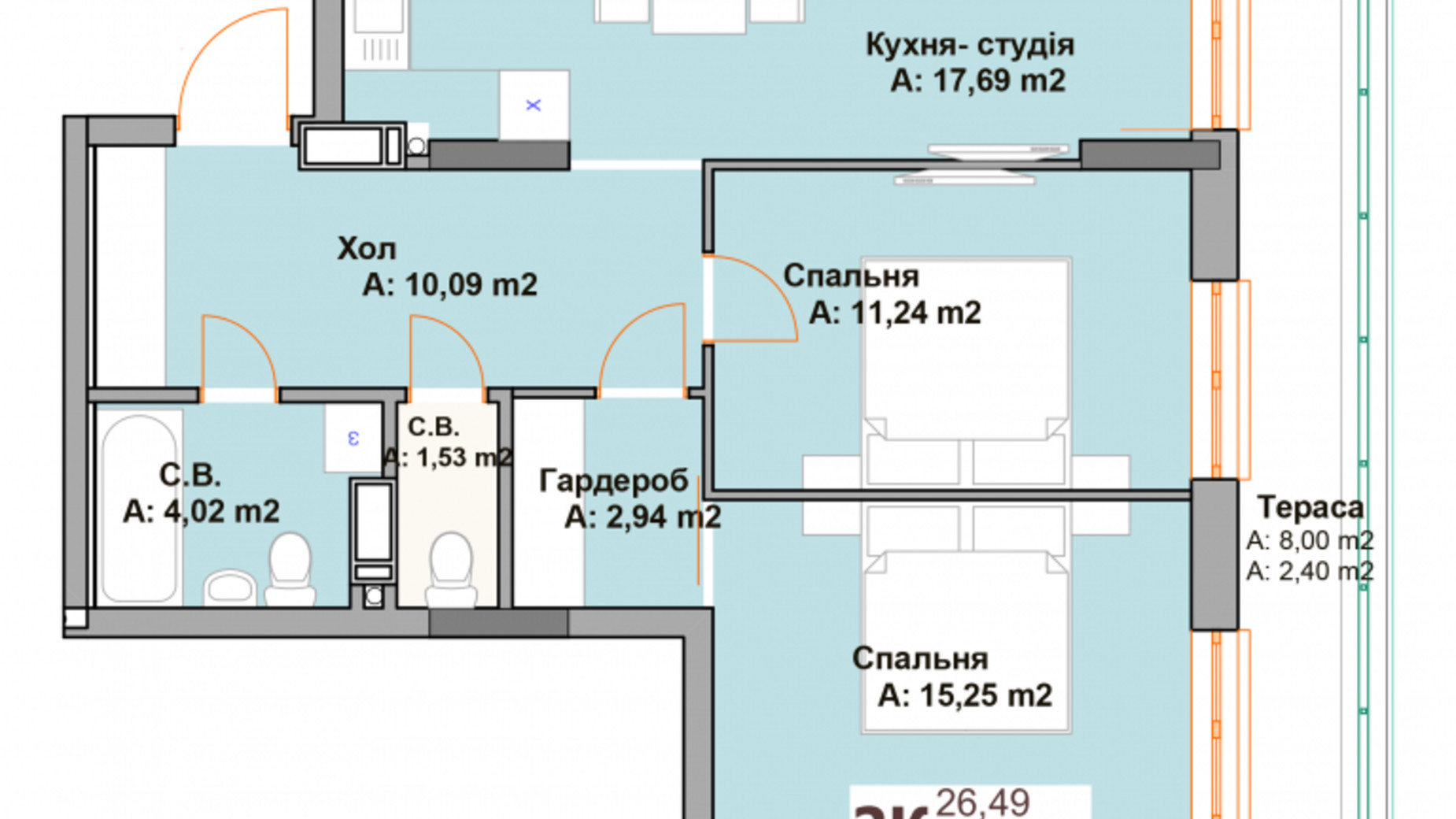 Планування 2-кімнатної квартири в ЖК Vyshgorod Sky 65.07 м², фото 569684