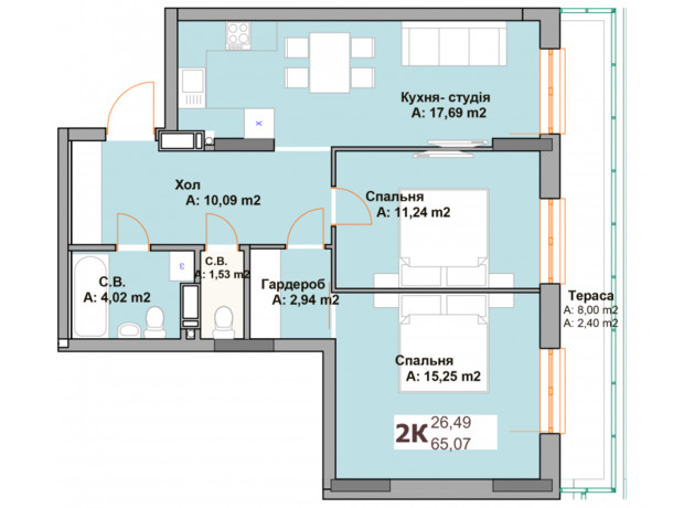 ЖК Vyshgorod Sky: планировка 2-комнатной квартиры 65.07 м²