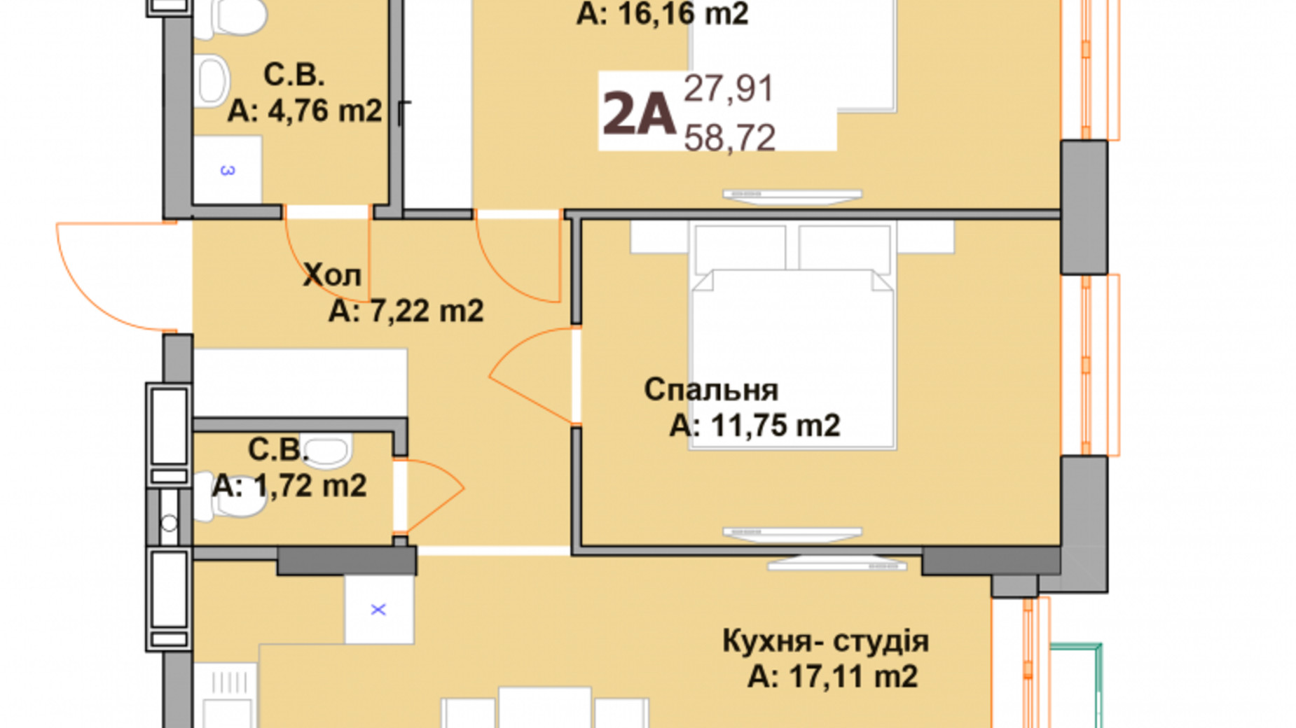 Планировка 2-комнатной квартиры в ЖК Vyshgorod Sky 58.72 м², фото 569685