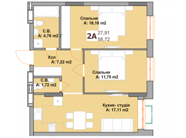 ЖК Vyshgorod Sky: планировка 2-комнатной квартиры 58.72 м²