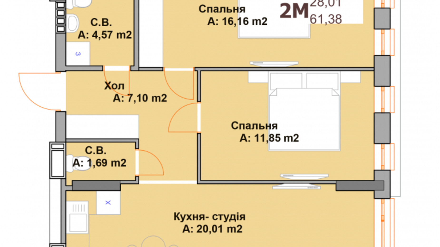 Планировка 2-комнатной квартиры в ЖК Vyshgorod Sky 61.38 м², фото 569687