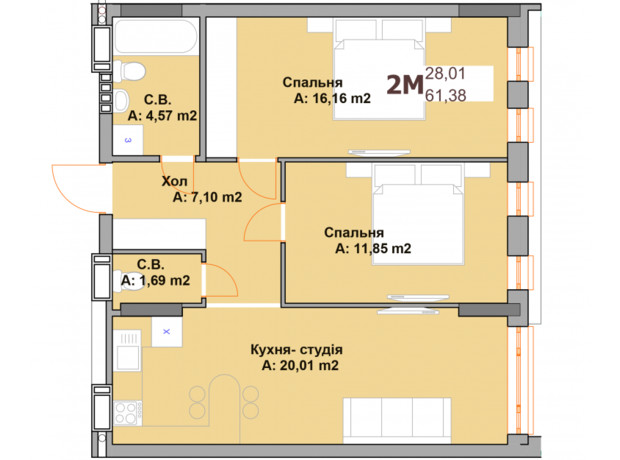 ЖК Vyshgorod Sky: планировка 2-комнатной квартиры 61.38 м²