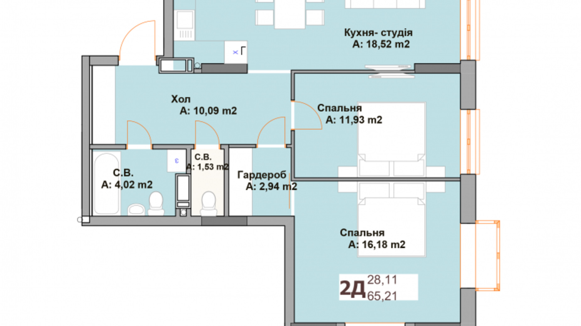 Планировка 2-комнатной квартиры в ЖК Vyshgorod Sky 65.21 м², фото 569689