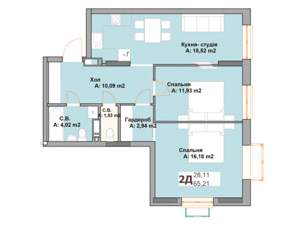 ЖК Vyshgorod Sky: планировка 2-комнатной квартиры 65.21 м²