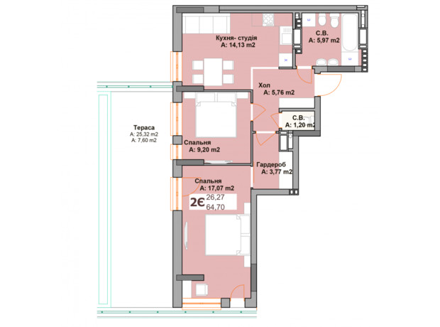 ЖК Vyshgorod Sky: планування 2-кімнатної квартири 64.7 м²