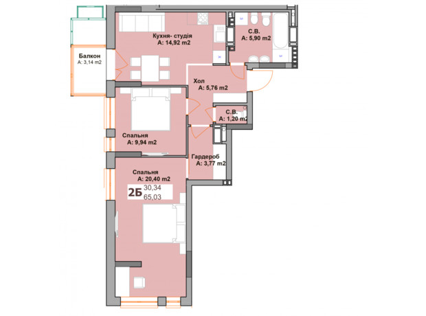 ЖК Vyshgorod Sky: планировка 2-комнатной квартиры 63.46 м²