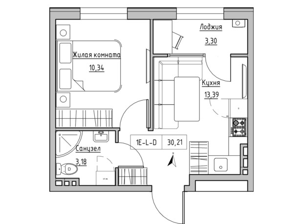 ЖК KEKS: планировка 1-комнатной квартиры 30.21 м²