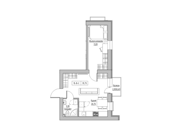 ЖК KEKS: планування 1-кімнатної квартири 34.84 м²