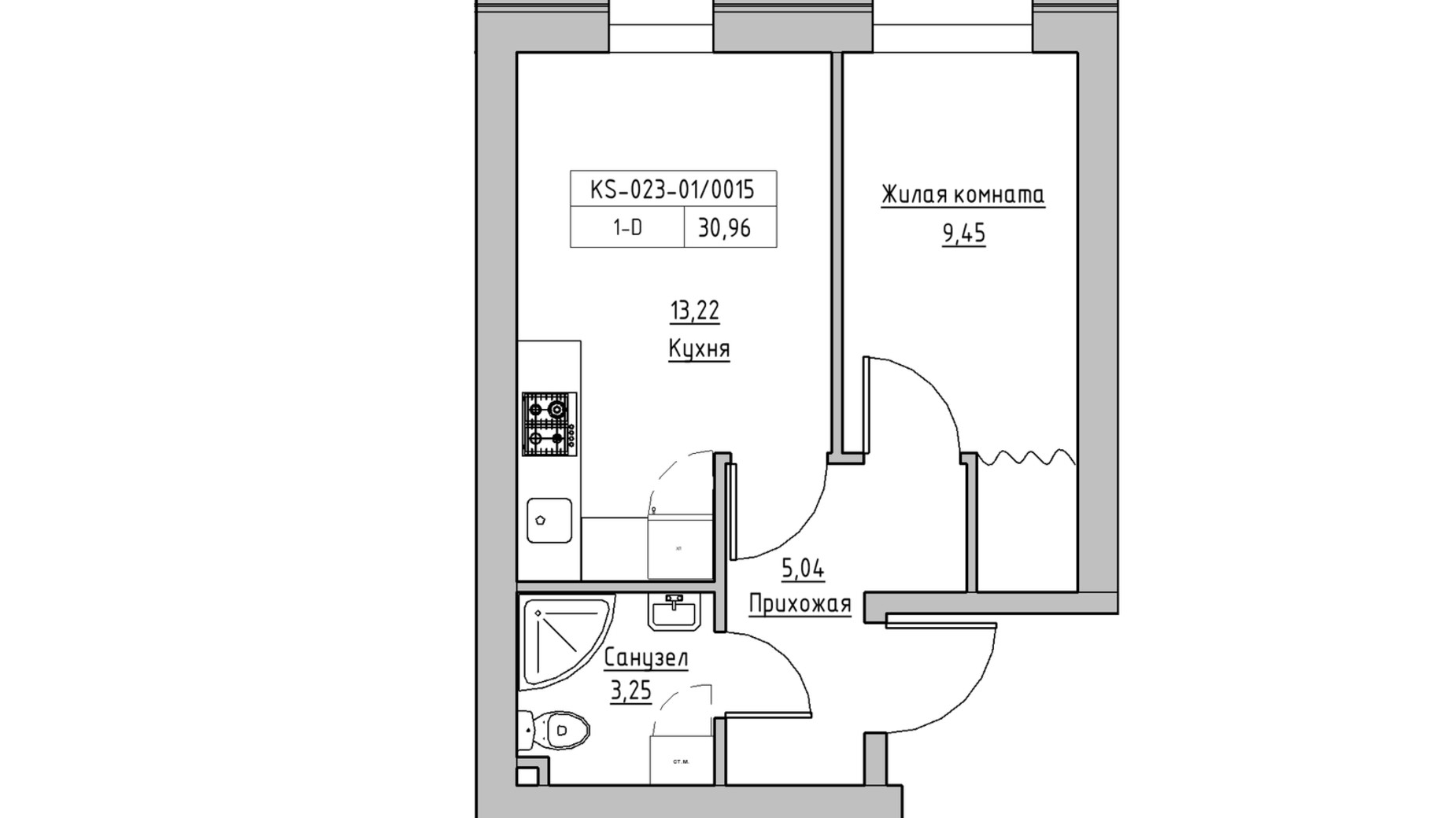 Планировка 1-комнатной квартиры в ЖК KEKS 30.96 м², фото 569875