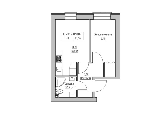 ЖК KEKS: планировка 1-комнатной квартиры 30.96 м²