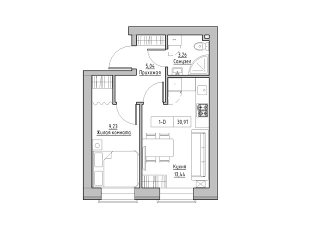 ЖК KEKS: планировка 1-комнатной квартиры 30.97 м²