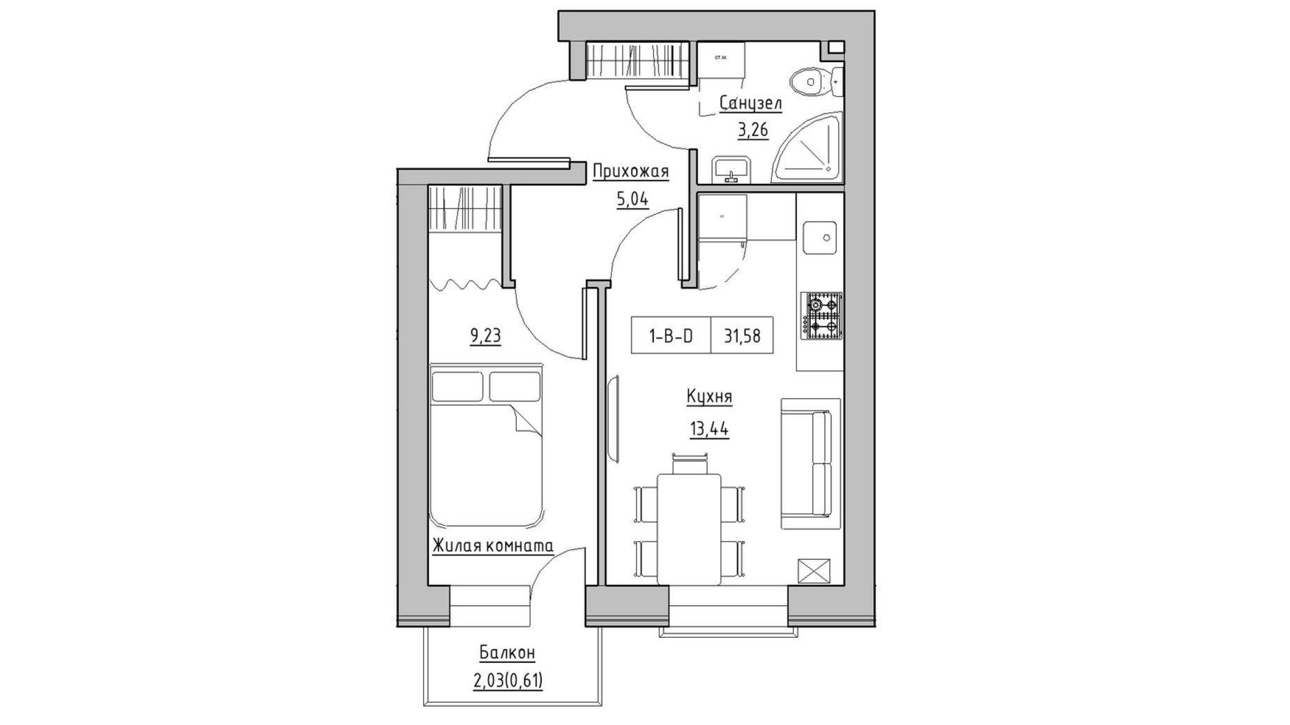 Планировка 1-комнатной квартиры в ЖК KEKS 31.58 м², фото 569886