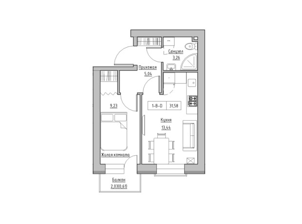 ЖК KEKS: планировка 1-комнатной квартиры 31.58 м²