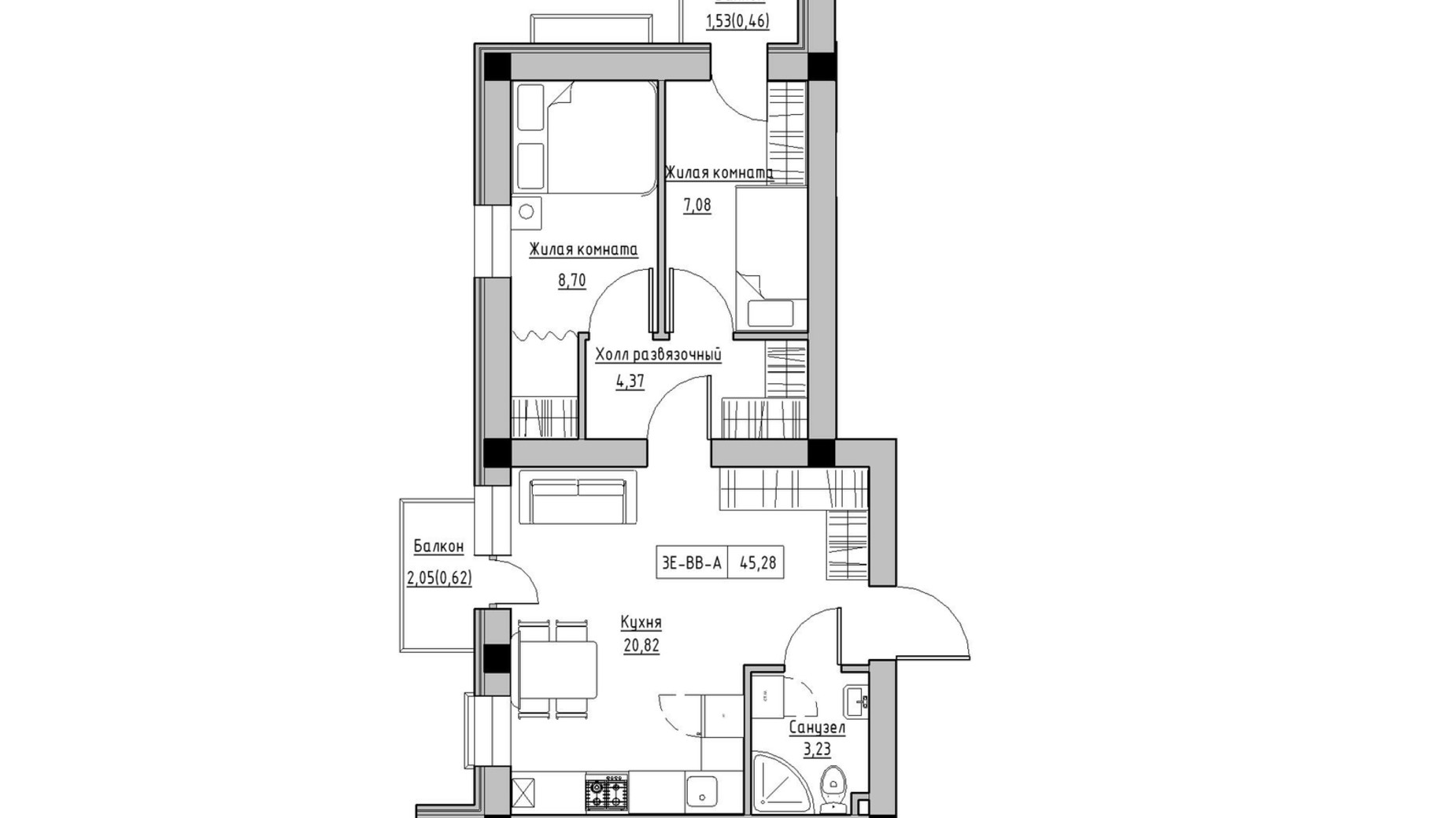 Планировка 3-комнатной квартиры в ЖК KEKS 45.28 м², фото 569888