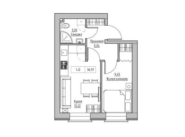 ЖК KEKS: планировка 1-комнатной квартиры 30.97 м²